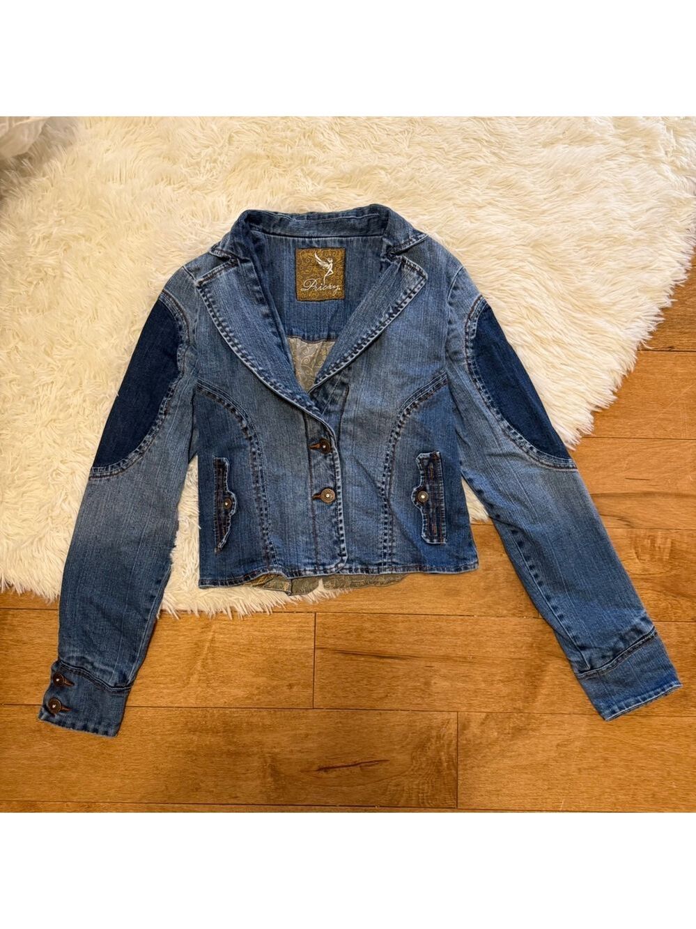 Pricxy Womens XL Denim Patchwork Blazer Rhinestone Fairy Y2K Fairycore Jacket - Picture 2 of 9